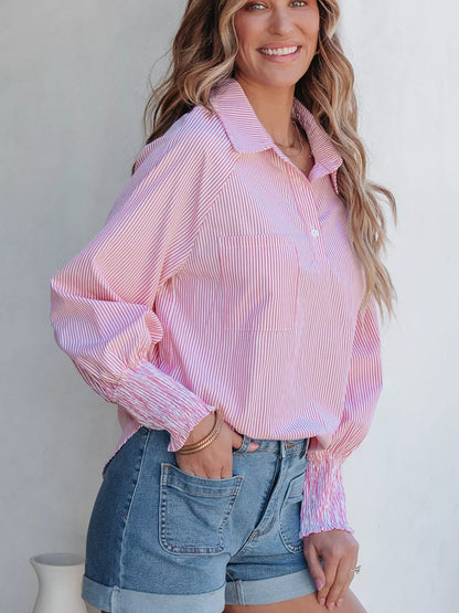 Blush pink pinstripe long sleeve blouse with smocked cuffs and button-down shirt collar, stylish Trendsi women's shirt.