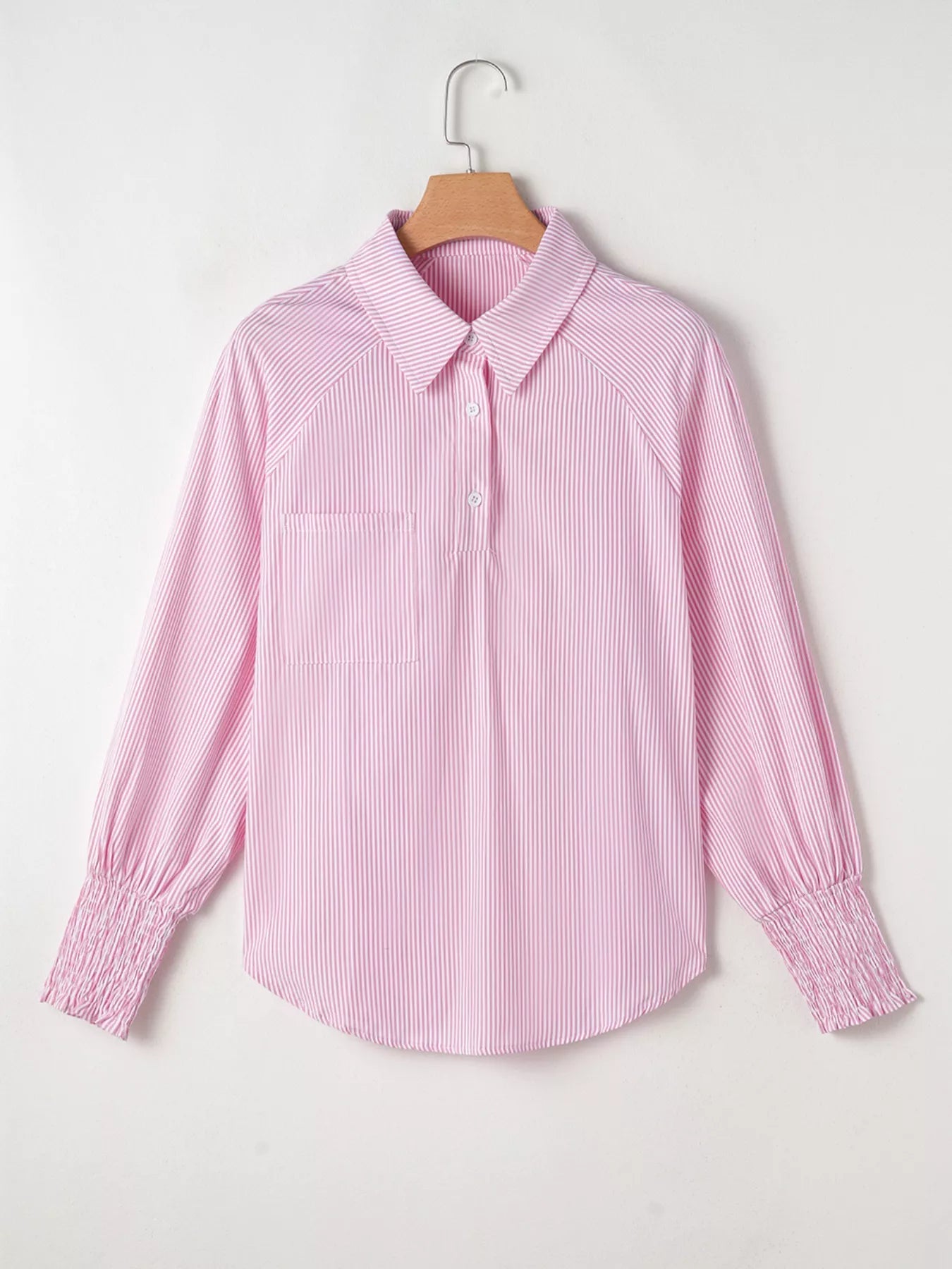 Blush pink pinstripe long sleeve blouse with smocked cuffs and button shirt collar, stylish Trendsi women's shirt.