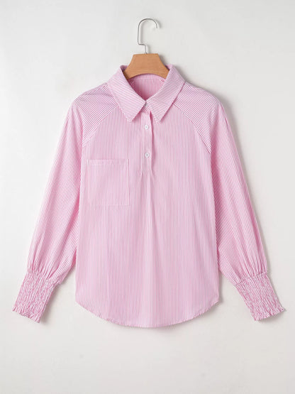 Blush pink pinstripe long sleeve blouse with smocked cuffs and button shirt collar, stylish Trendsi women's shirt.