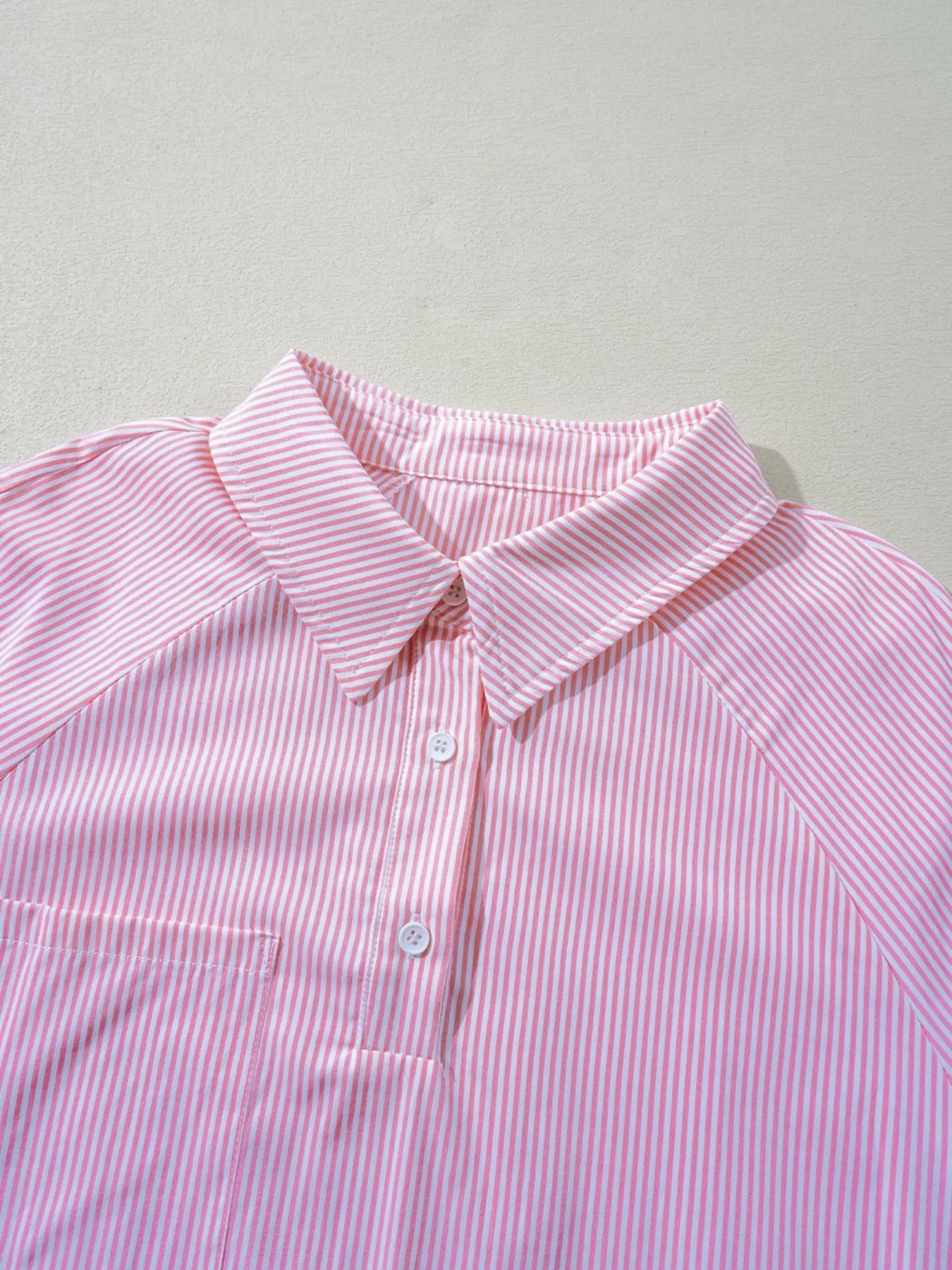 Blush pink pinstripe long sleeve blouse with smocked cuffs and button-up shirt collar, stylish Trendsi women's shirt.