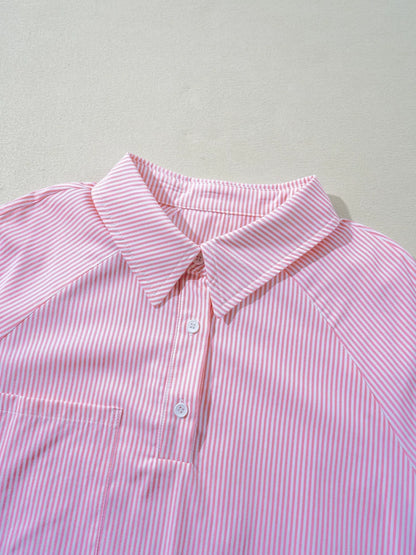 Blush pink pinstripe long sleeve blouse with smocked cuffs and button-up shirt collar, stylish Trendsi women's shirt.