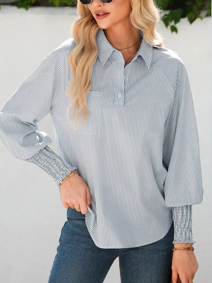 Blush pink pinstripe long sleeve blouse with smocked cuffs and button shirt collar, trendy Trendsi women's shirt.