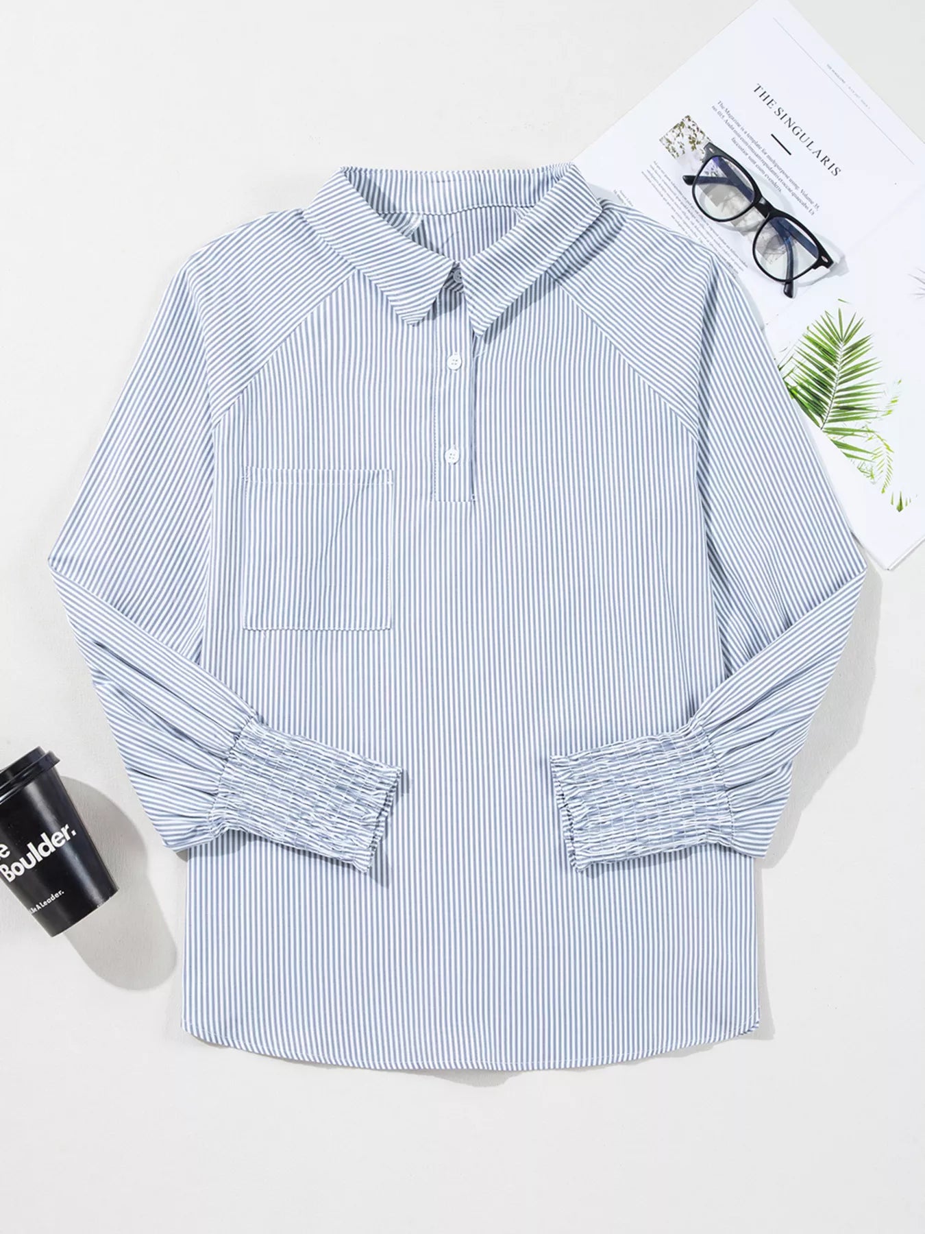 Blush pink pinstripe long sleeve blouse with smocked cuffs and button-up shirt collar, stylish Trendsi women's shirt.