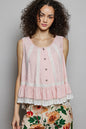 Blush pink sleeveless top with lace trim, ruffle hem, button details, and round neckline from Trendsi.