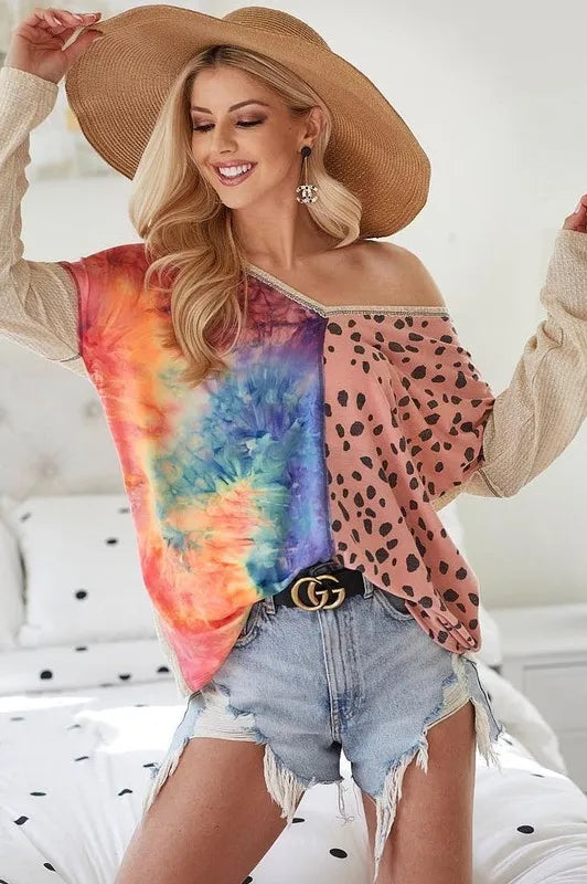 Blush Bibi Print Block V-Neck Top by Trendsi with contrast stitching and relaxed fit, casual stylish women's blouse.