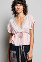 Blush POL Tied Ruffled V-Neck Short Sleeve Blouse with lace detail, trendy and feminine fashion by Trendsi.