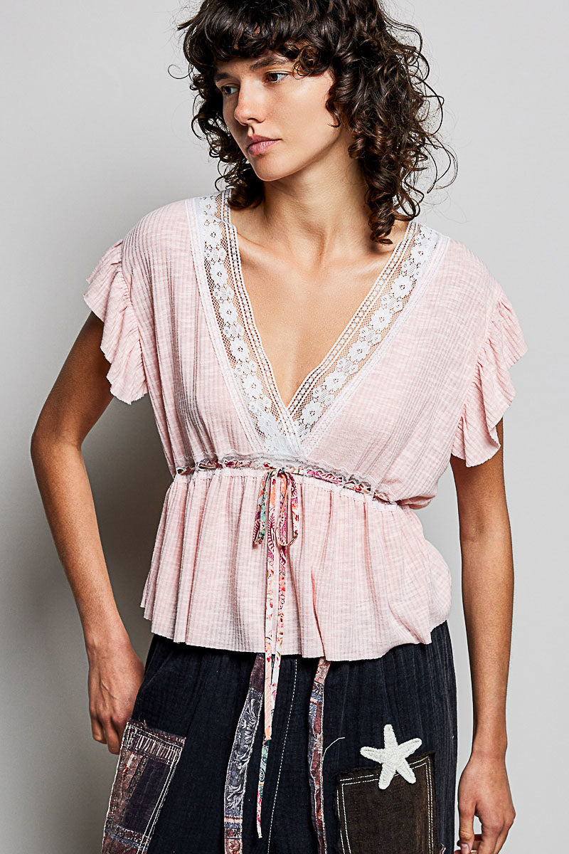 Blush POL Tied Ruffled V-Neck Short Sleeve Blouse with lace detail, stylish women's fashion top by Trendsi