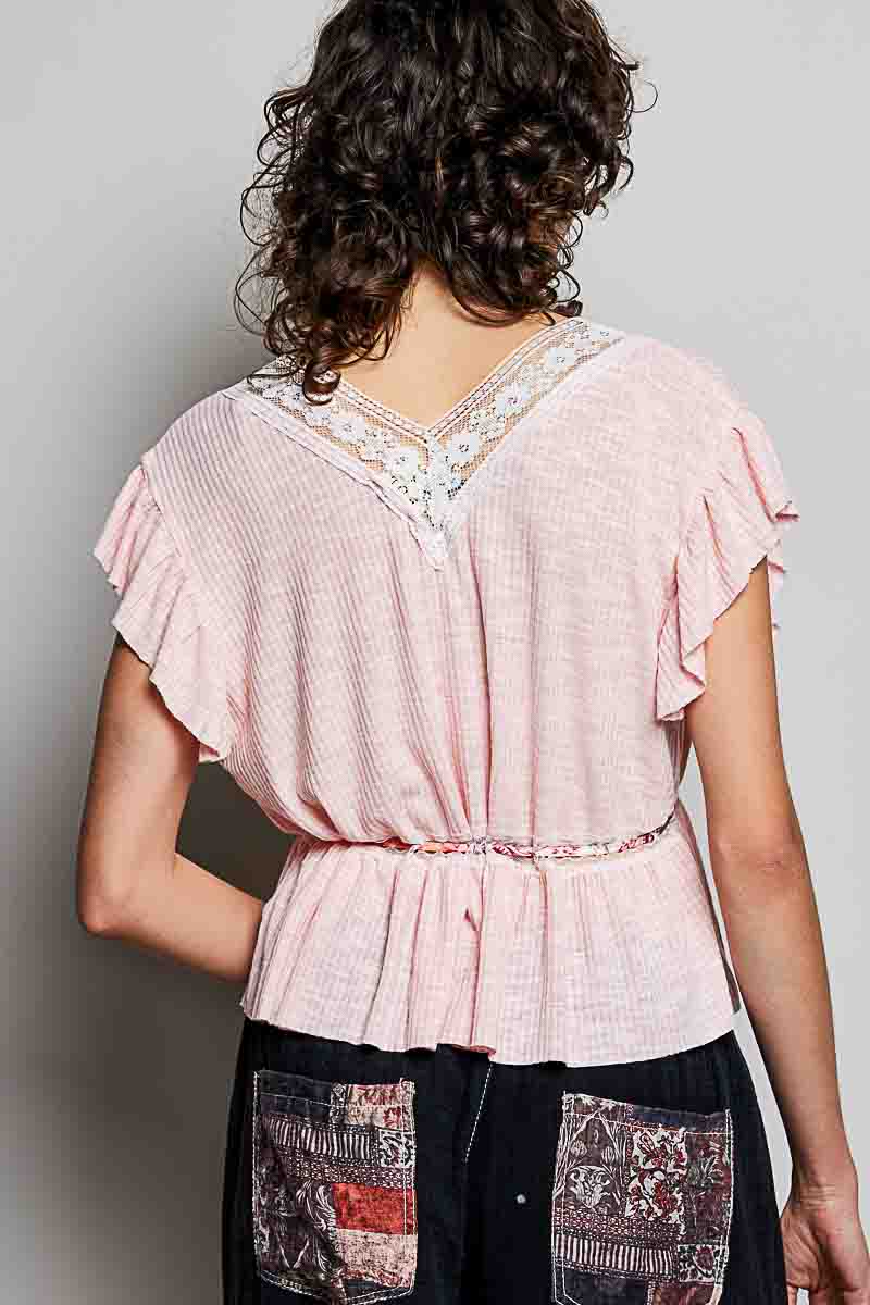 Blush pink POL Tied ruffled V-neck short sleeve blouse with lace detail by Trendsi, featuring feminine ruffles and delicate lace accents.