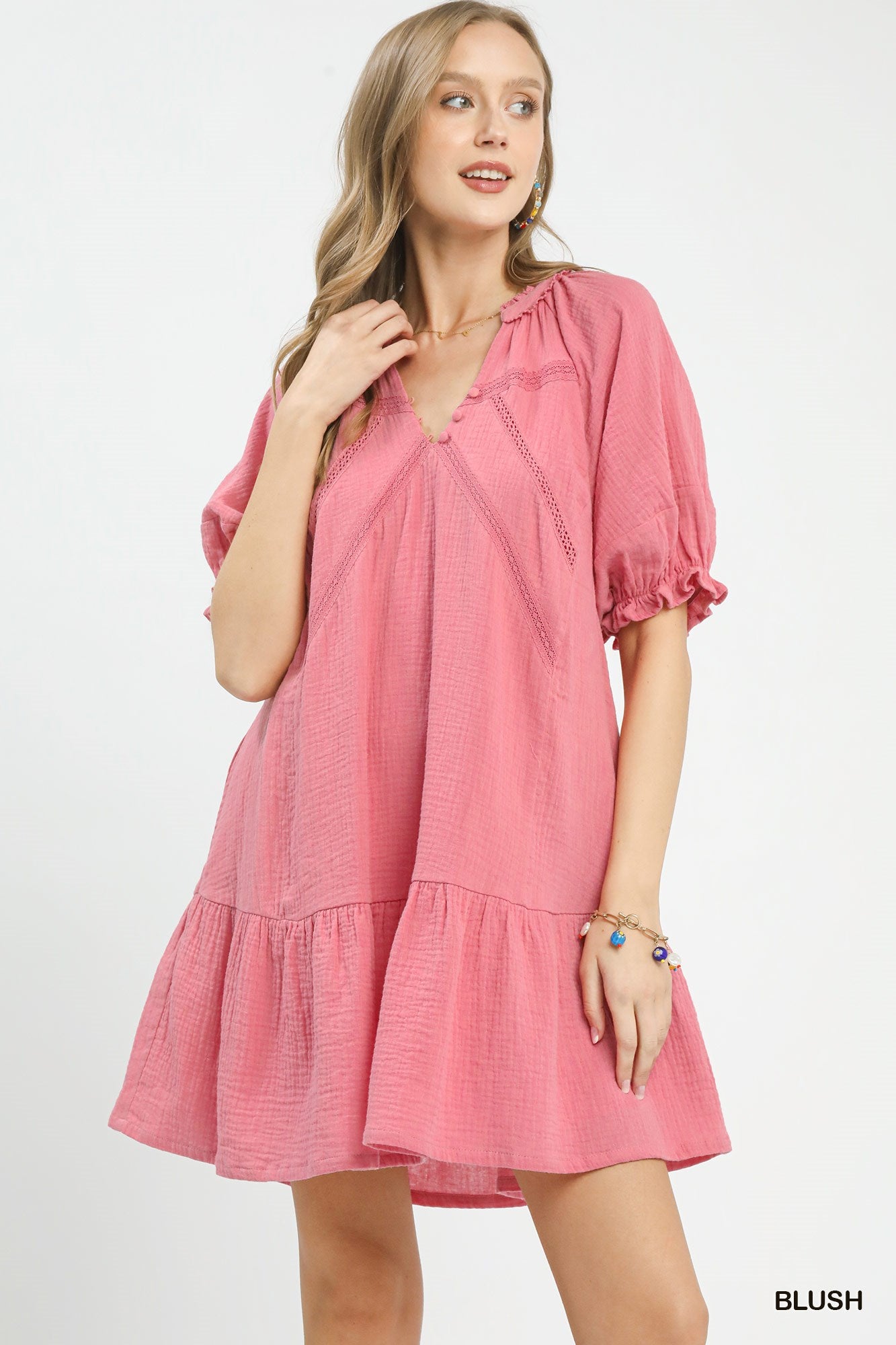 Blush pink Umgee cotton gauze mini dress by Trendsi, lightweight and casual with a relaxed fit and short sleeves.
