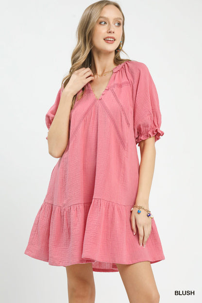 Blush pink Umgee cotton gauze mini dress by Trendsi, lightweight and casual with a relaxed fit and short sleeves.