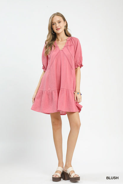 Blush pink Umgee cotton gauze mini dress with short sleeves and relaxed fit, perfect for casual summer wear.