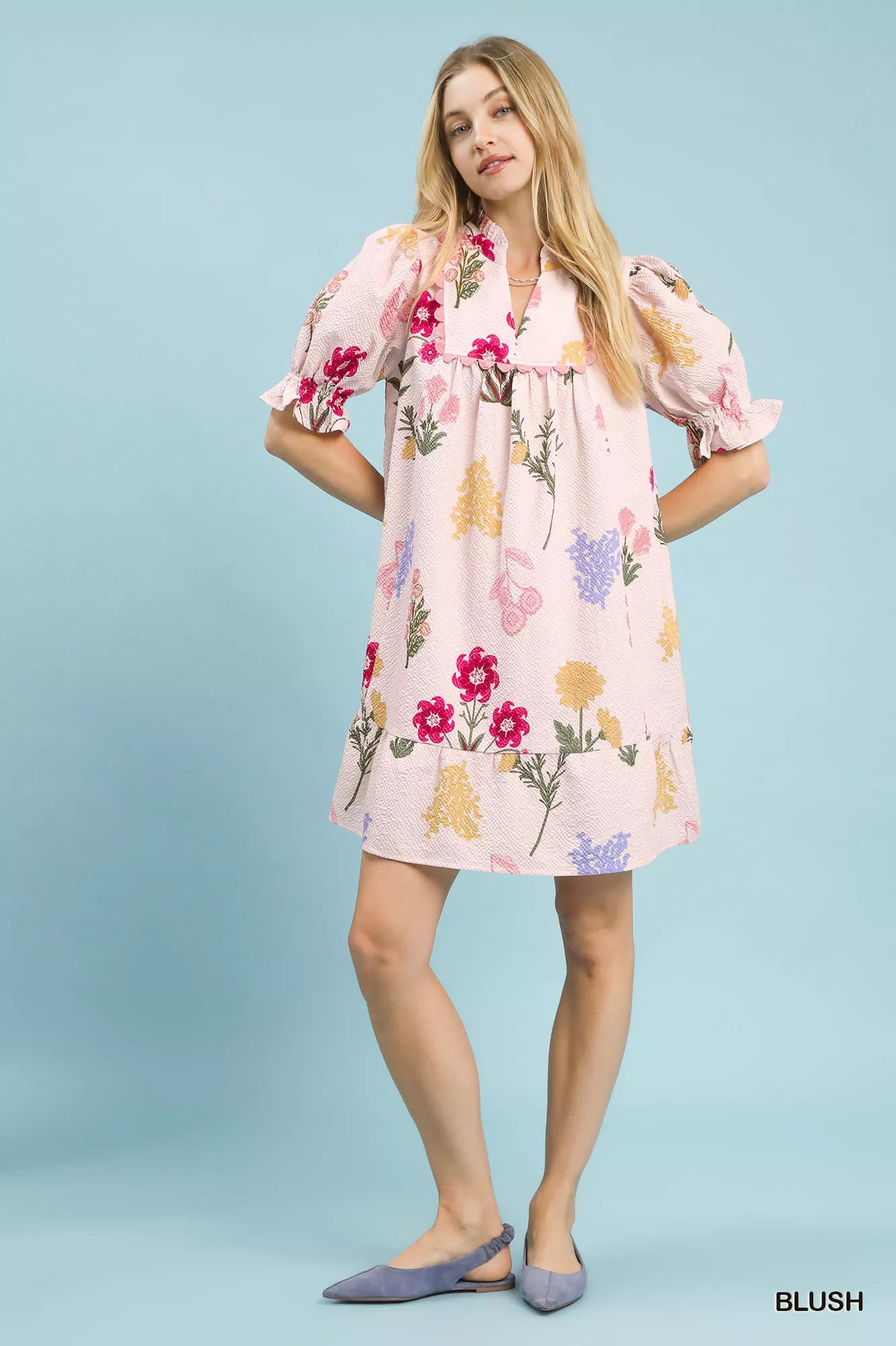Blush Umgee multi-flower print V-neck dress with short sleeves, styled for casual or semi-formal occasions