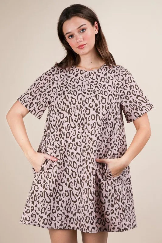 Blush pink Very J leopard printed comfy mini dress from Trendsi with long sleeves and a relaxed fit.