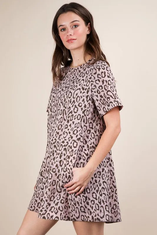 Leopard printed very J comfy mini dress by Trendsi, blush pink with long sleeves, casual and stylish for everyday wear.