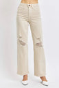 Full view of Judy Blue high waist distressed wide-leg jeans, showing fit and distressed details on a full-size model.