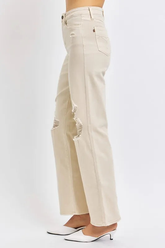 Full view of Judy Blue high waist distressed wide-leg jeans, showcasing the relaxed fit and distressed details.