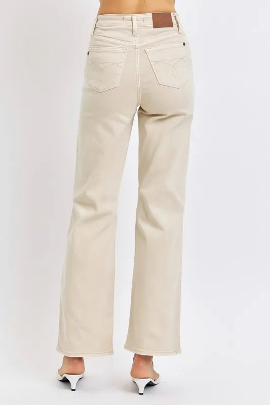 High waist Judy Blue distressed wide leg jeans in full size, featuring a relaxed fit and stylish ripped details.