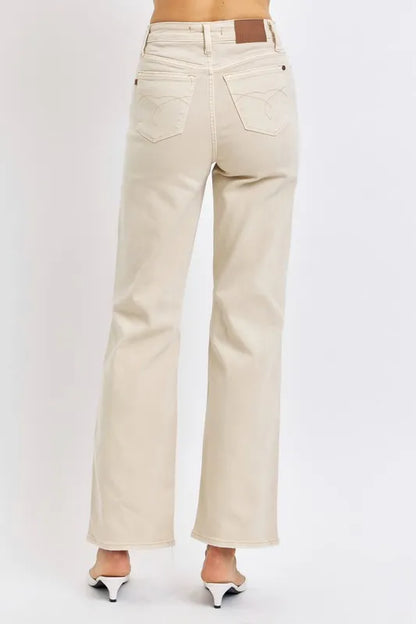 High waist Judy Blue distressed wide leg jeans in full size, featuring a relaxed fit and stylish ripped details.