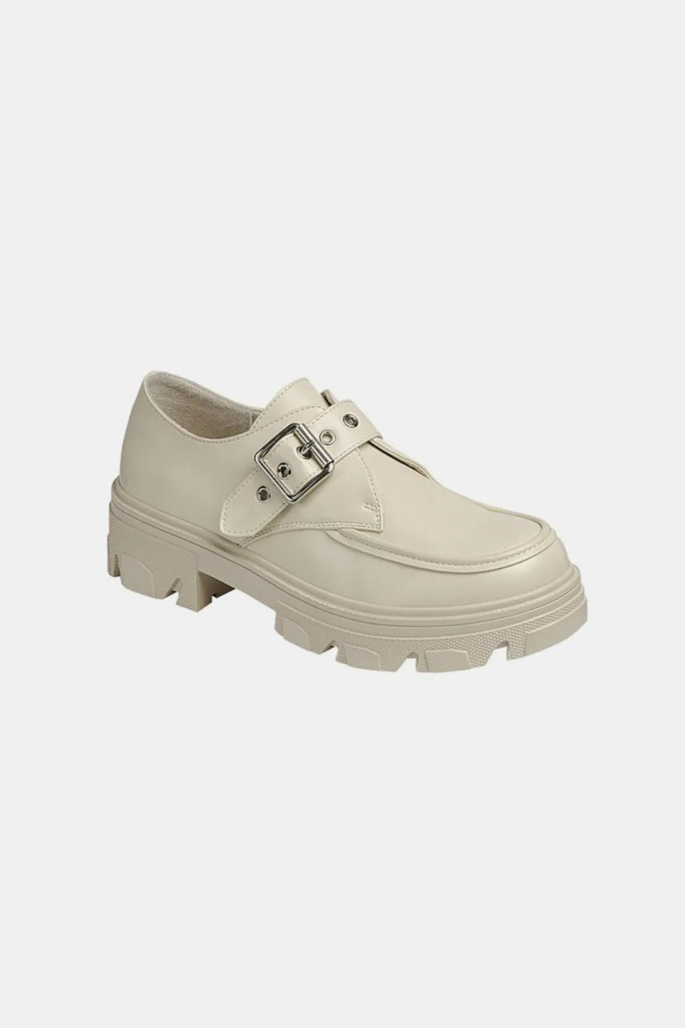 Bone-colored Forever Link Buckled Platform Lug Sole Loafers by Trendsi, showing the stylish loafer with buckle detail and chunky sole.