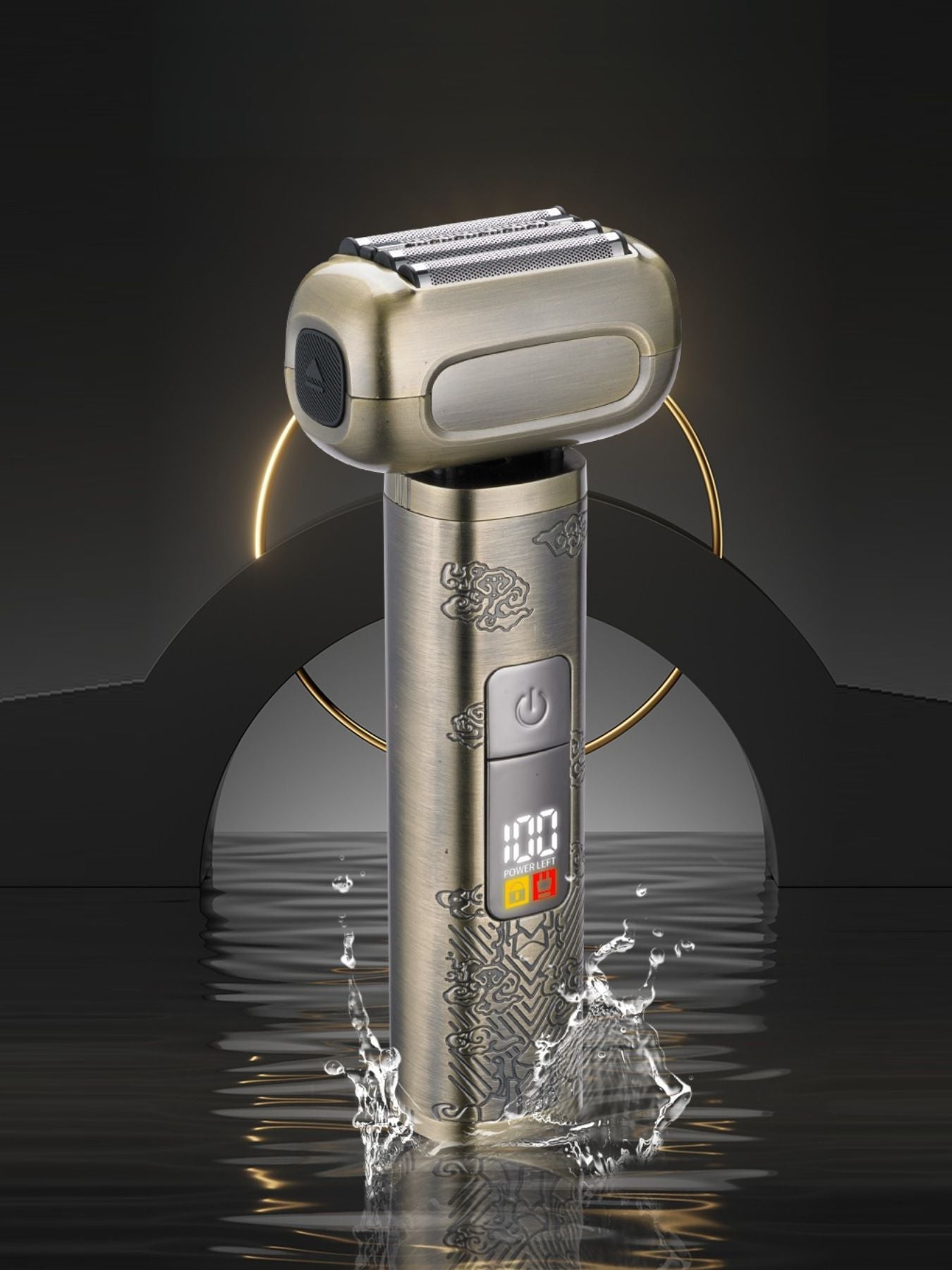 Portable electric shaver by Trendsi with brass finish, compact design, and adjustable head for close grooming.