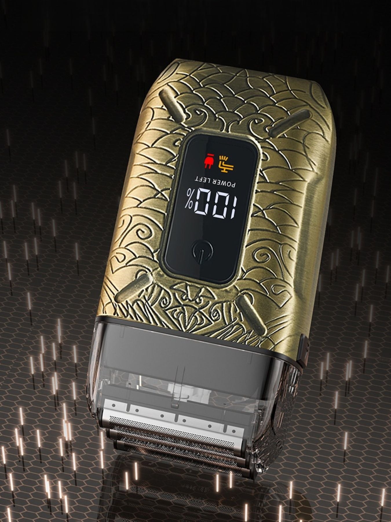 Trendsi waterproof electric shaver with brass handle, designed for wet and dry grooming, shown with close-up of shaver head.