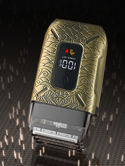 Trendsi waterproof electric shaver with brass handle, designed for wet and dry grooming, shown with close-up of shaver head.