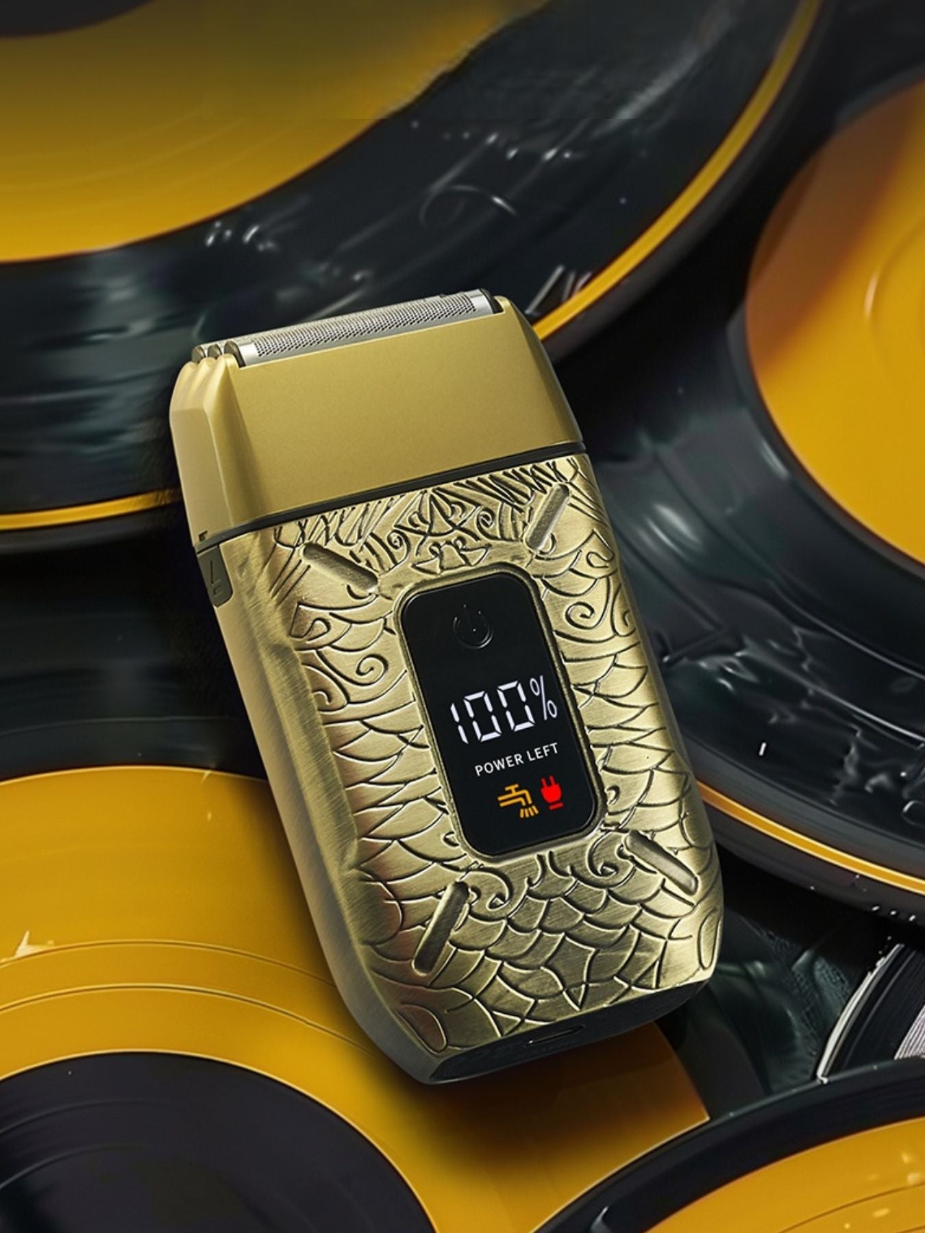 Trendsi waterproof electric shaver with brass handle, designed for wet and dry use, shown with close-up of the shaver head.