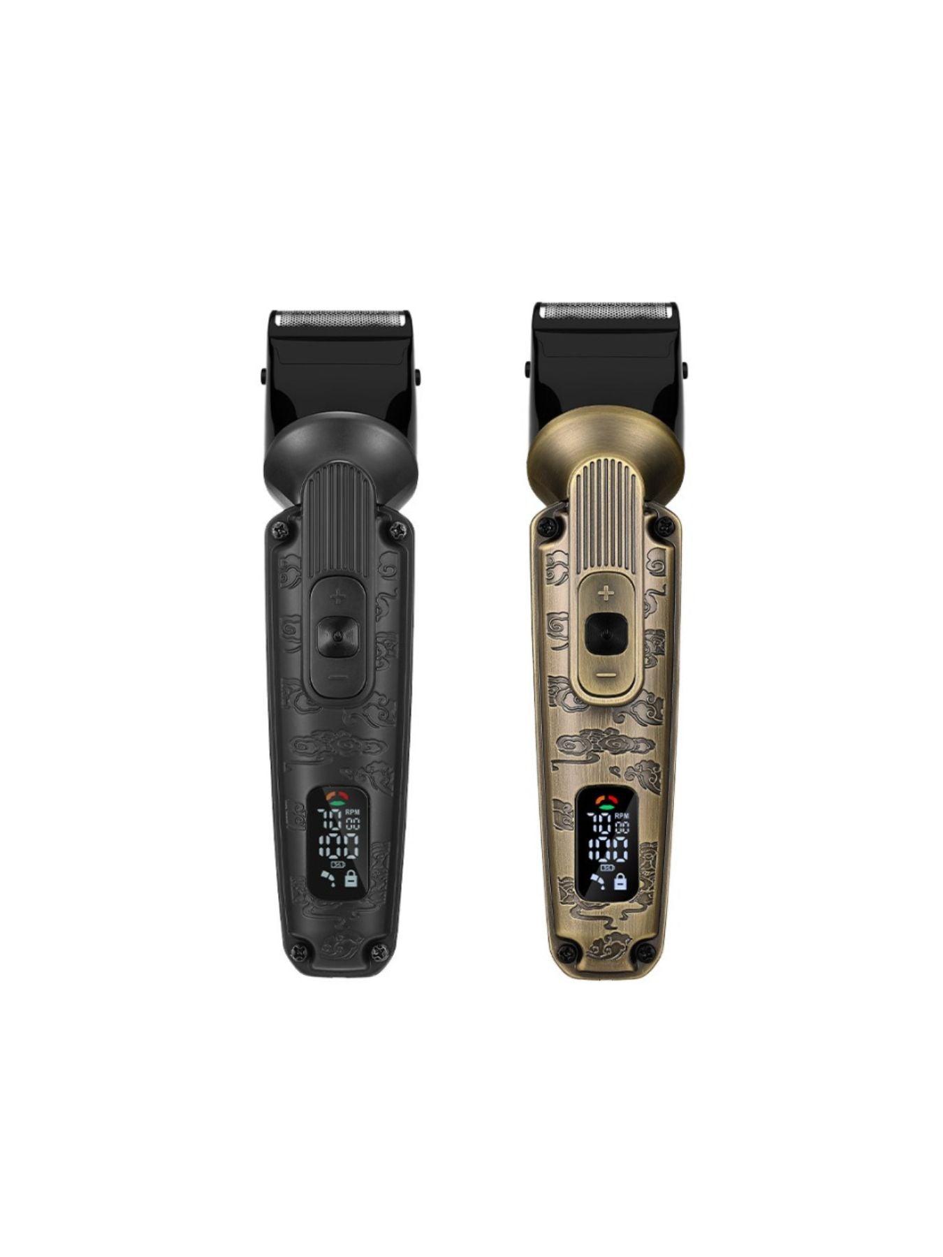 Brass LED display hair clipper from Trendsi, showing adjustable blades and digital length settings for precise grooming.