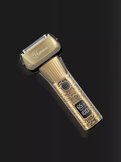 Trendsi LED display hair clipper with brass body and adjustable blades, showing digital battery indicator and sleek design.