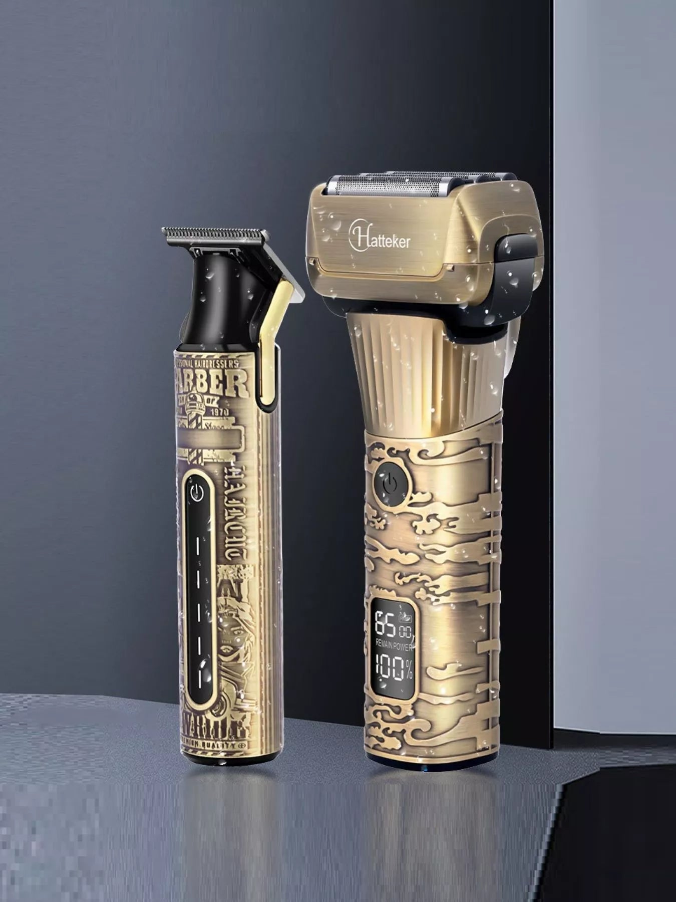 Trendsi LED display hair clipper with brass body and adjustable blades, showing digital length settings on the LED screen.
