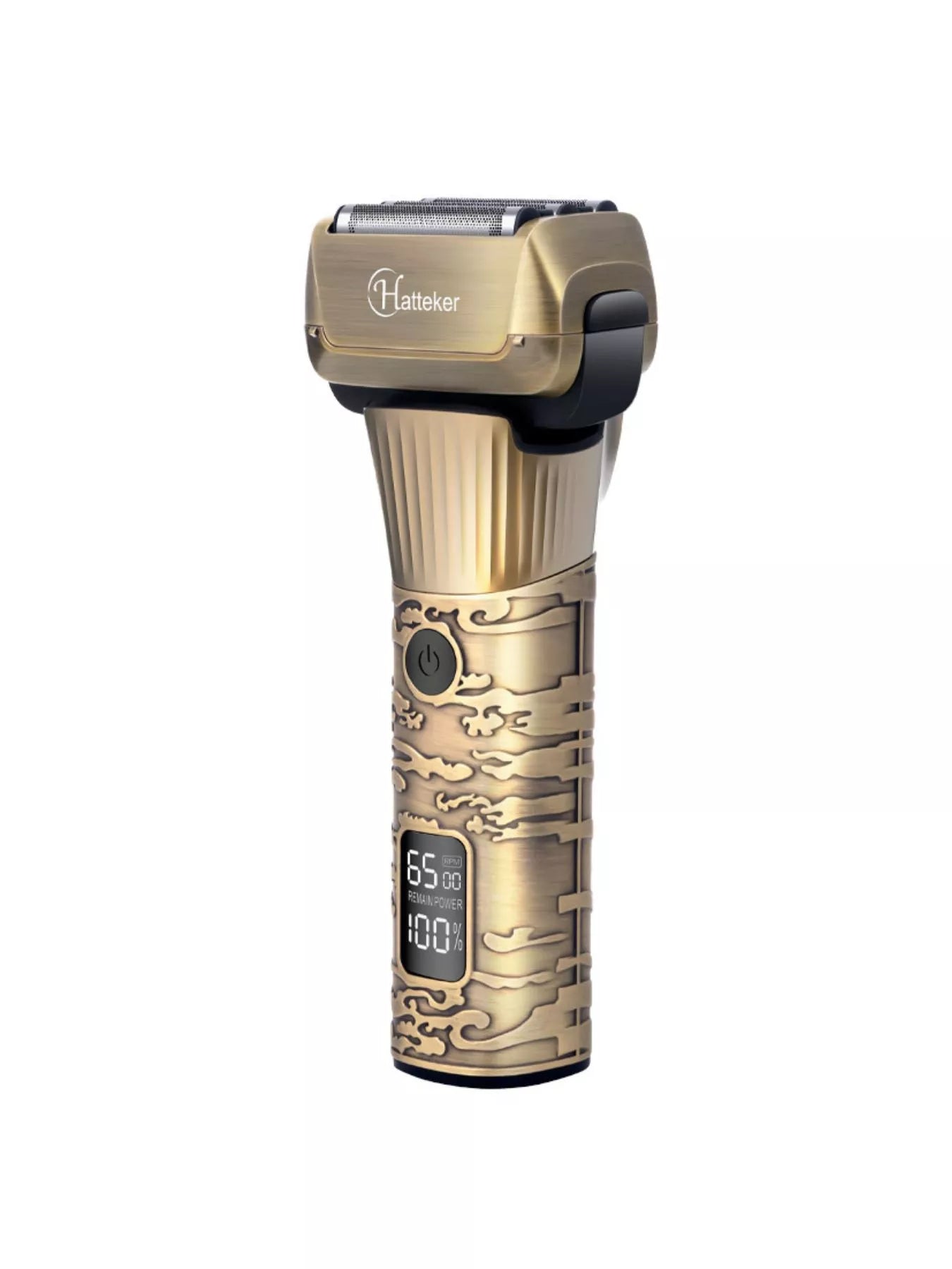 Trendsi LED display brass hair clipper with adjustable blades and ergonomic design, showing digital charging and power indicators.