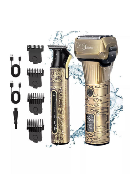 Brass LED display hair clipper from Trendsi with adjustable settings and modern design, shown with cutting blades visible.