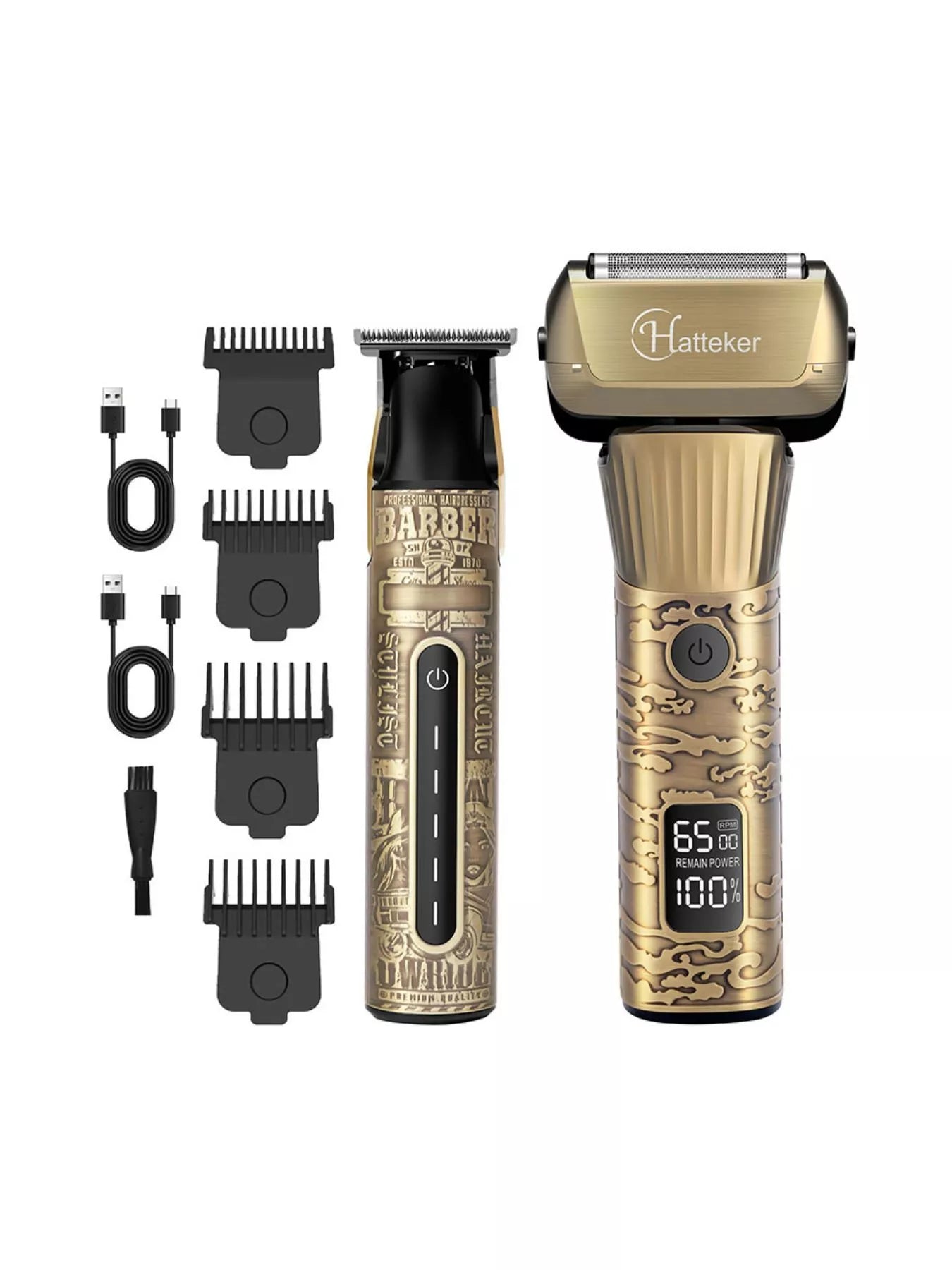 Trendsi LED display brass hair clipper with adjustable blades and a sleek design, showcasing its modern, professional grooming features.