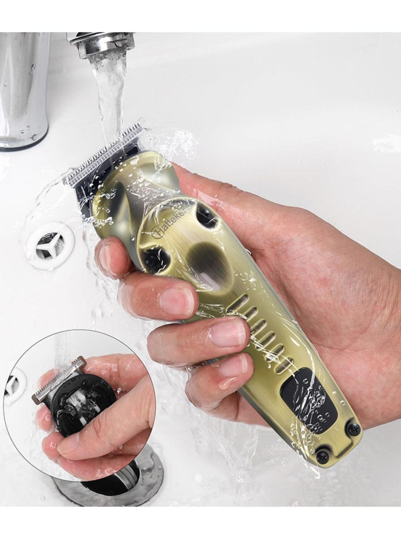 Trendsi professional cordless hair clipper with brass body and ergonomic design for precise hair cutting.