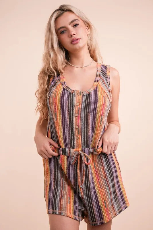 Multi-color striped crochet summer romper by Trendsi featuring casual style and relaxed fit, perfect for warm weather.