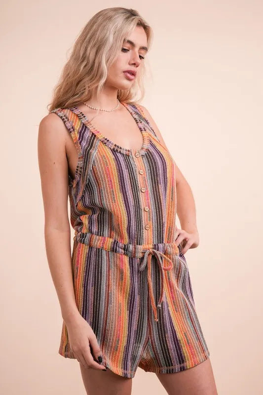 Multi-color striped crochet summer romper by VERY J, casual style with relaxed fit and vibrant pattern, perfect for warm weather.