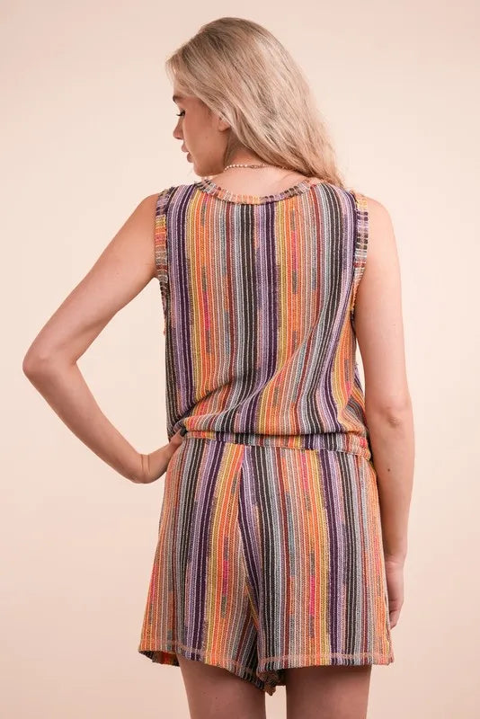 Multi-color striped crochet summer romper by VERY J, casual style with short sleeves and relaxed fit for warm weather.
