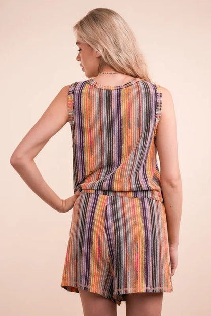 Multi-color striped crochet summer romper by VERY J, casual style with short sleeves and relaxed fit for warm weather.