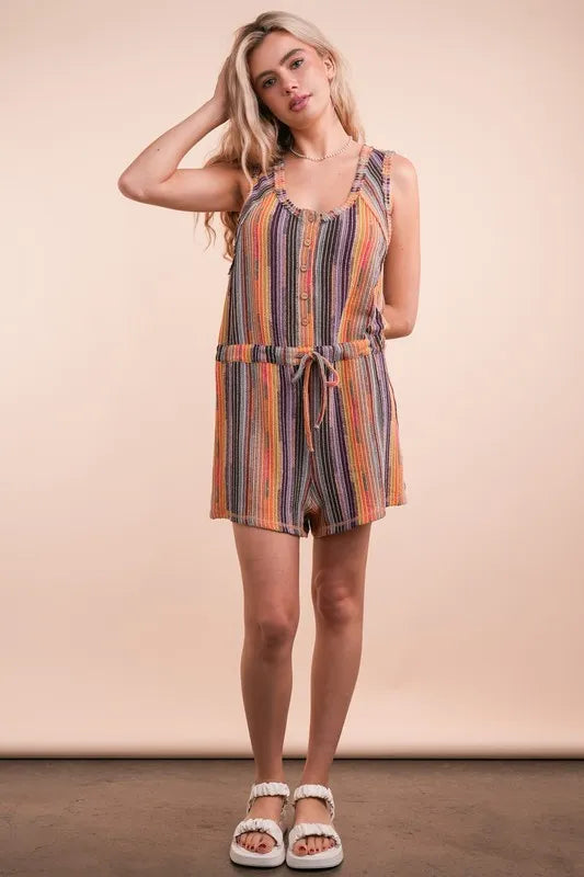 Multi-color striped crochet summer romper by Trendsi featuring casual style and vibrant patterns, perfect for warm-weather wear.