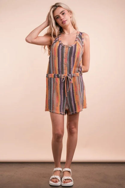 Multi-color striped crochet summer romper by Trendsi featuring casual style and vibrant patterns, perfect for warm-weather wear.