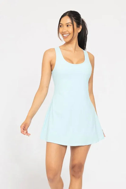 Bright blue MONO B adjustable active A-line dress by Trendsi, featuring a fitted bodice and flowing skirt, perfect for activewear.
