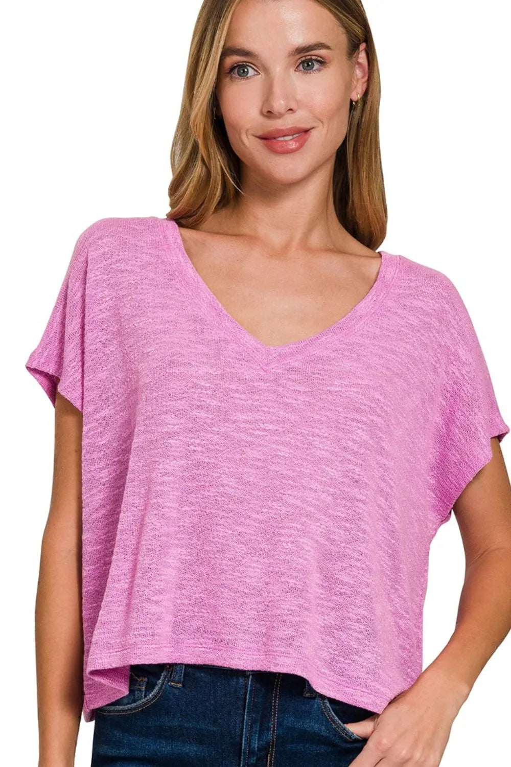 Bright mauve Zenana Hacci Slub V-neck drop shoulder crop top with relaxed fit and casual style, perfect for everyday wear.