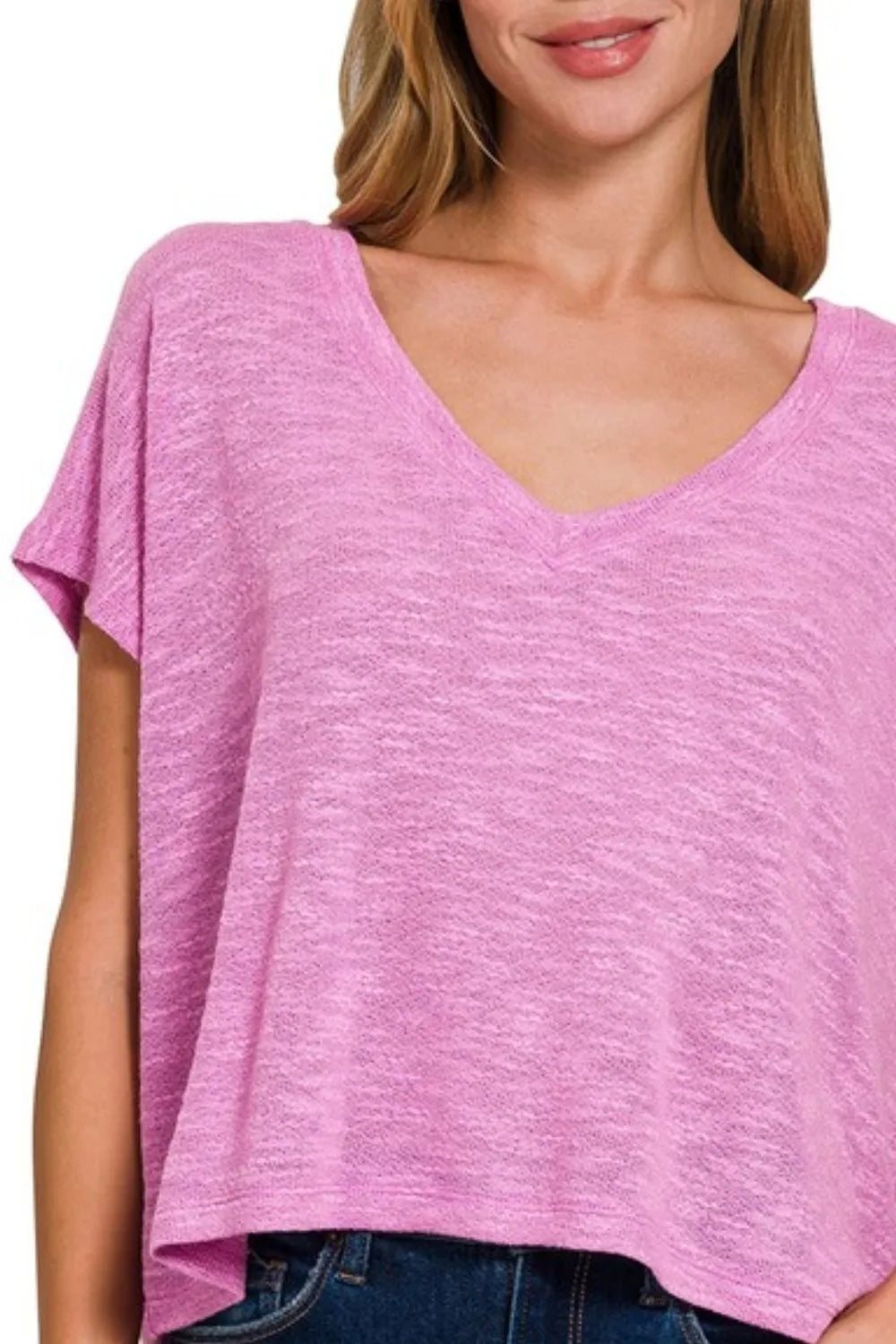 Bright mauve Zenana Hacci Slub V-neck drop shoulder crop top with relaxed fit and soft texture, casual and stylish for everyday wear.