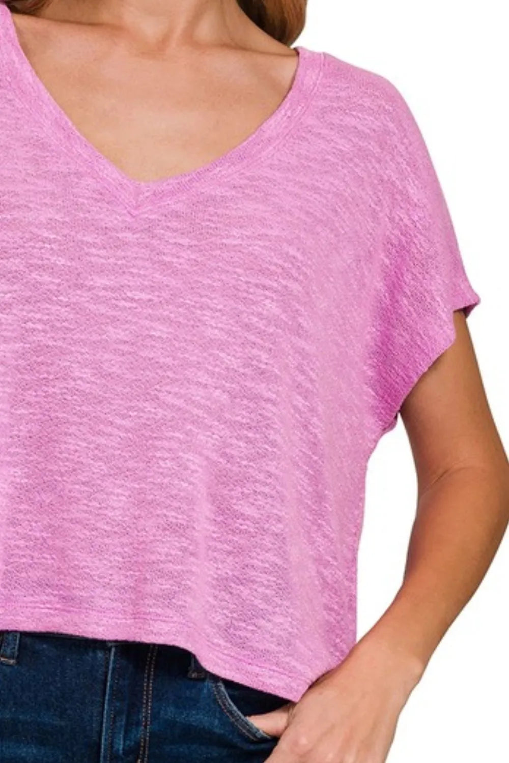 Bright mauve Zenana Hacci Slub V-neck drop shoulder crop top with relaxed fit and casual style.