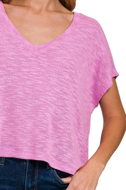 Bright mauve Zenana Hacci Slub V-neck drop shoulder crop top with relaxed fit and casual style.