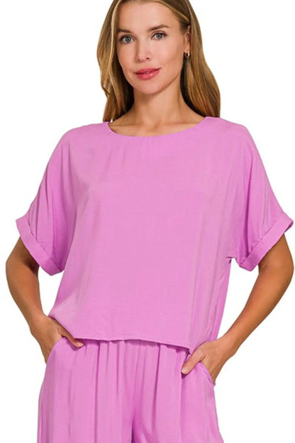 Bright mauve Zenana T-shirt and wide-leg pants set featuring a round neck and comfortable relaxed fit.