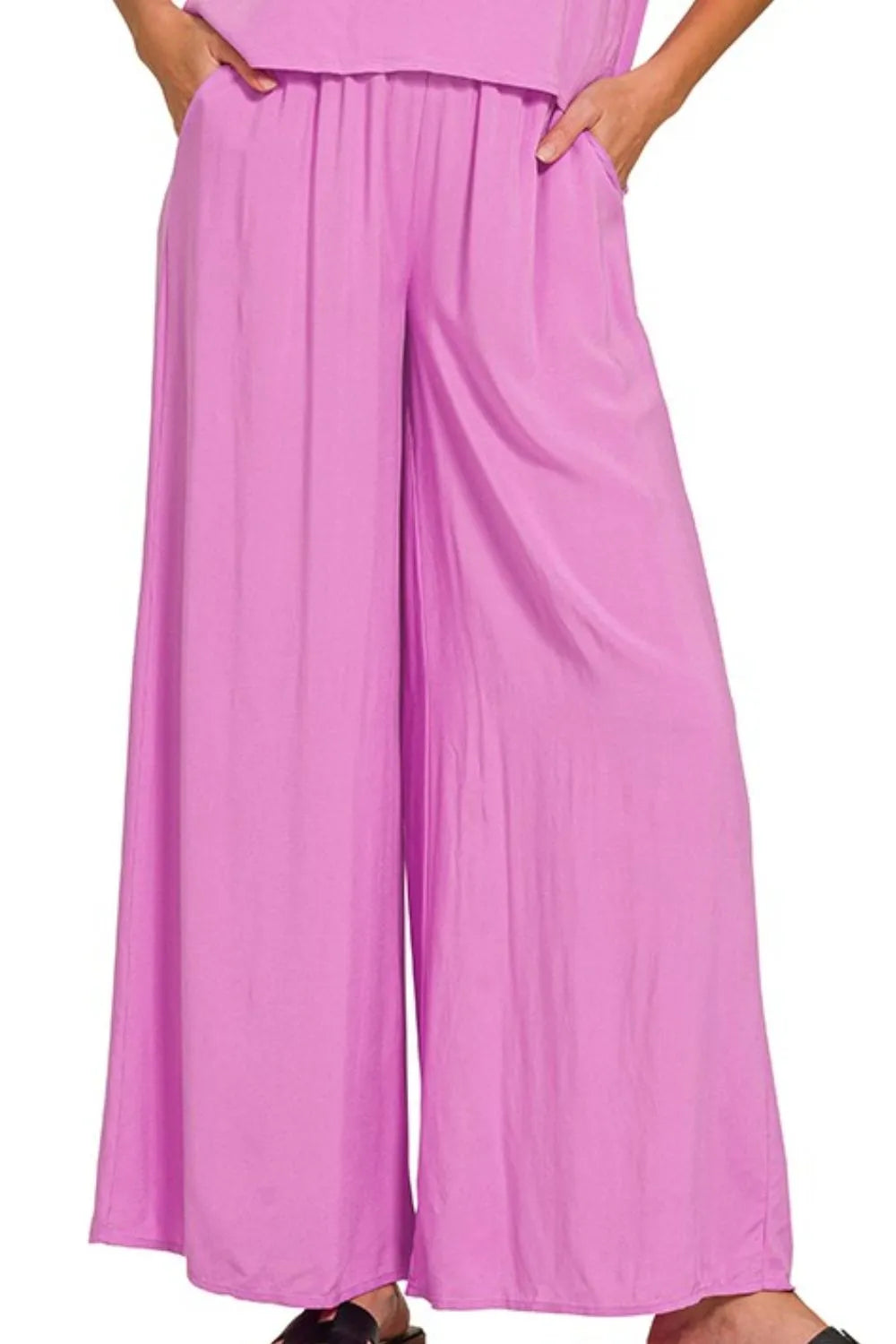 Bright mauve Zenana round neck T-shirt and wide-leg pants set by Trendsi, casual and comfortable outfit for everyday wear.