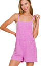 Bright mauve Zenana washed double gauze romper with tie-back design, casual and lightweight for comfortable wear.