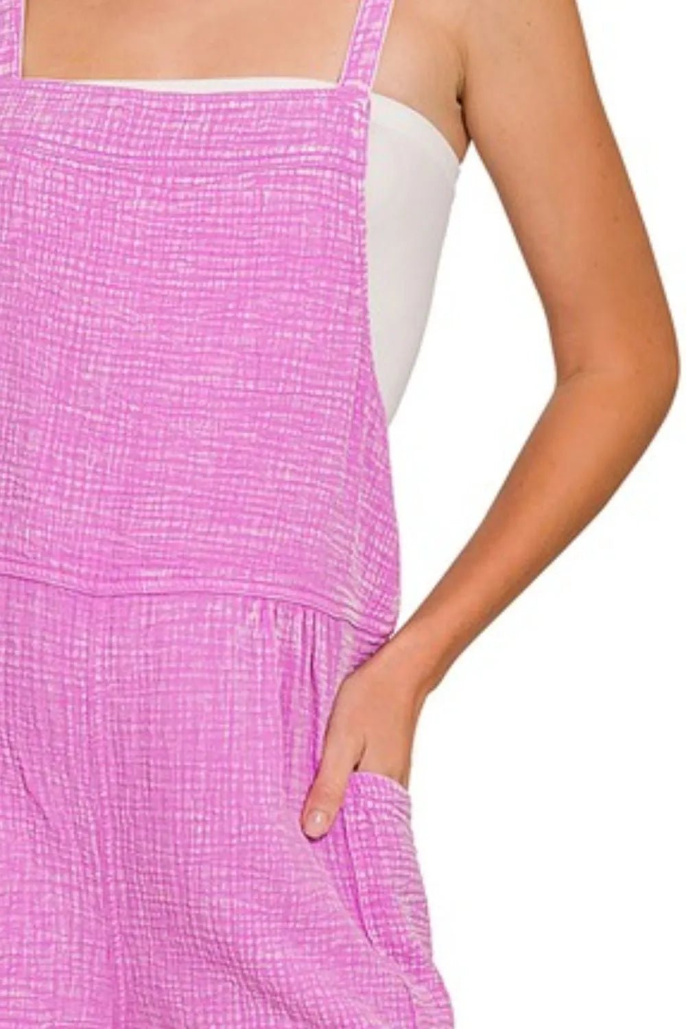 Bright mauve Zenana washed double gauze tie-back romper with relaxed fit and adjustable waist, perfect for casual summer wear.