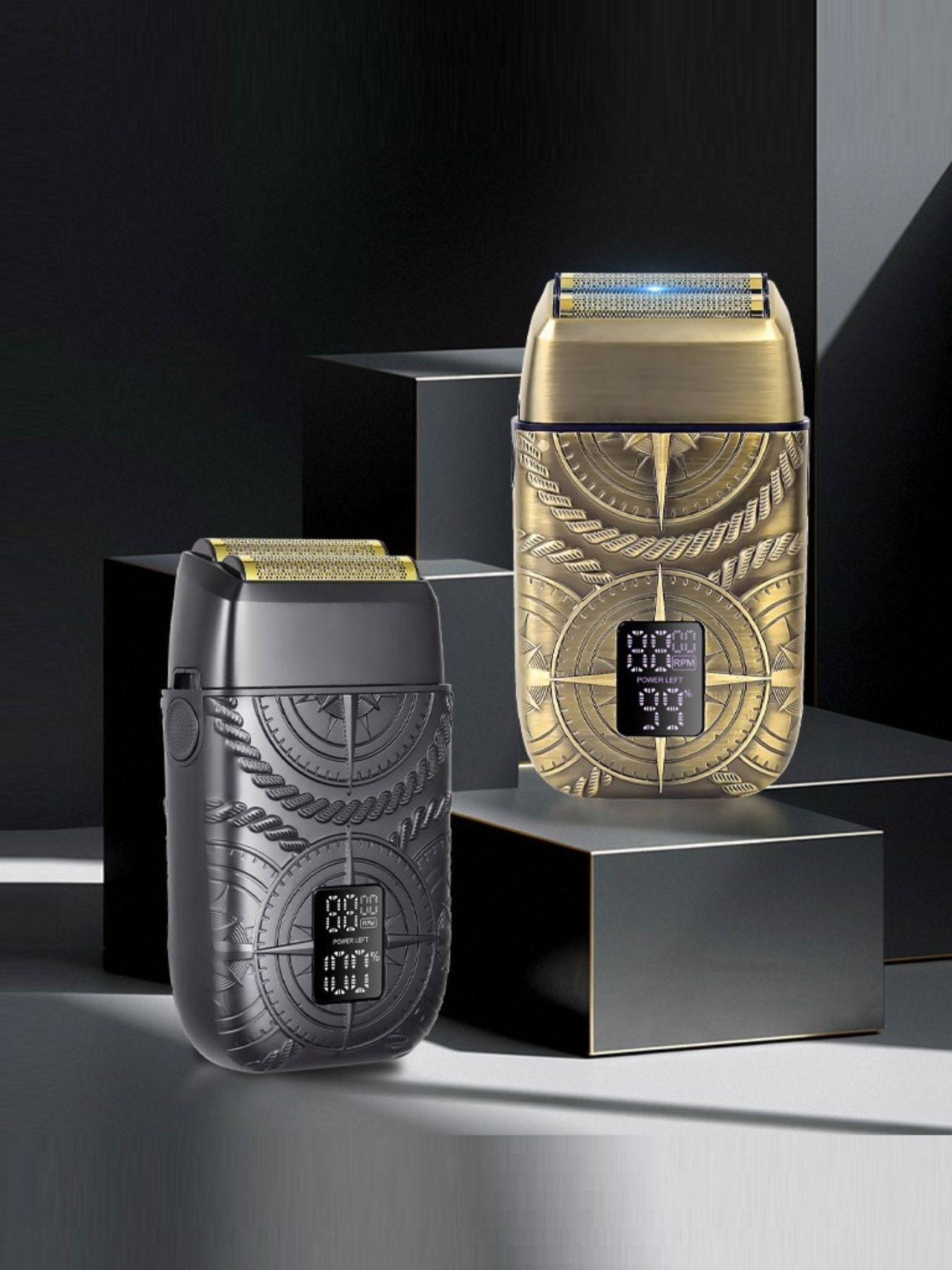 Bronze electric foil shaver with LED display from Trendsi, featuring a sleek design and one-size-fit-all head for close shaving.